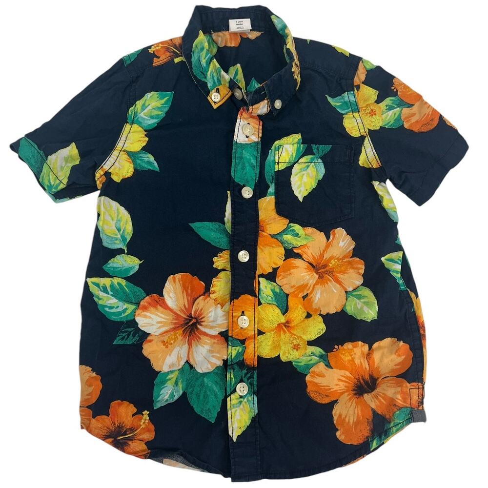 BABY GAP Floral Hibiscus Short Sleeve Button Down Shirt Sz 4